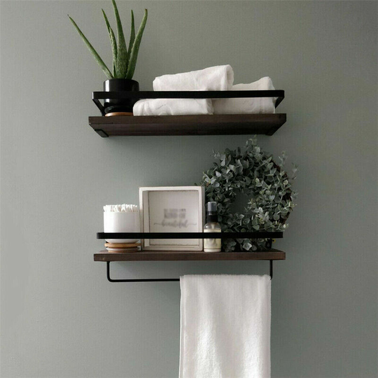 2 Large Rustic Floating Wall Shelf Bathroom Utility Decorative Rack with Towel Rod
