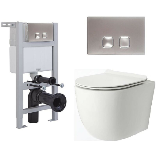 Milano - Overton - White Ceramic Modern Bathroom Wall Hung Rimless Toilet with Short Wall Frame, Cistern and Chrome Square Flush Plate