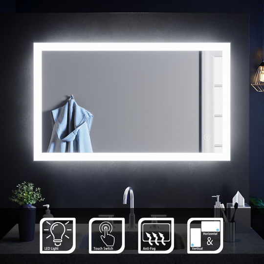 Horizontal Vertical Wall Mounted Bathroom Mirror 4mm Copper-Free Mercury Illuminated Mirror 1000x600mm with Demister and Sensor IP44 Rated - Elegant