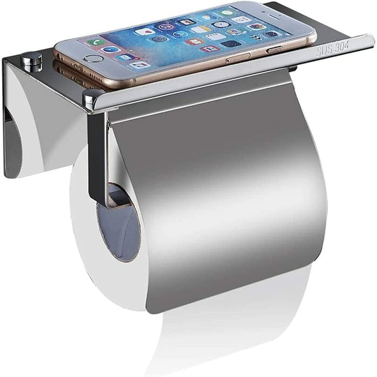 Toilet Paper Holder Wall Mount Tissue Holder with Mobile Phone Storage Shelf Stainless Steel Bathroom Rust-proof Self Adhesive - Silver - Norcks