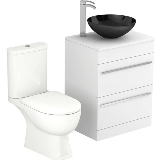 Wholesale Domestic - Saturn Gloss White 600mm 2 Drawer Vanity Unit and Toilet Suite - White