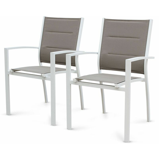 Set of 2 Chicago Armchairs - Aluminium and Beige-Brown textilene, stacking chairs - White