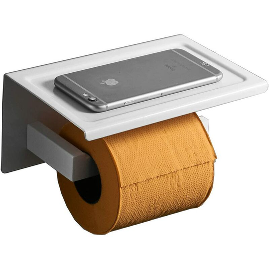 Wall Mounted Toilet Paper Holder, Silver, Paper Roll Holder with Shelf Phone Holder