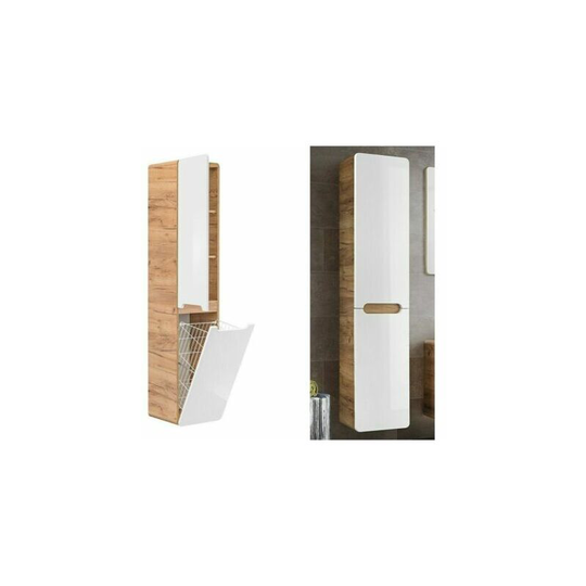 White Gloss Oak Bathroom Wall Hung Tall Storage Cabinet Laundry Basket Unit Arub - Light Sibiu Larch / Grey Tungsten / Light Sibiu Larch