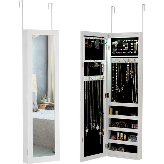 Led Lights Jewelry Cabinet, Door Hanging/Wall Mounted Jewelry Armoire with Full Length Mirror, Cosmetics Makeup Jewellery Storage Organiser Unit for