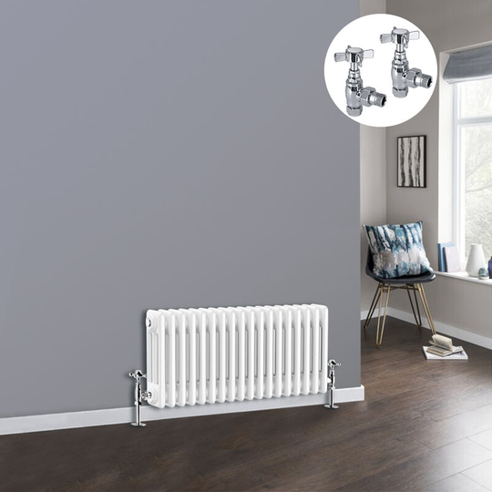 White 3 Column Traditional Cast Iron Style Radiator with Chrome Angled Cross Head Manual Valves Horizontal 300x832mm