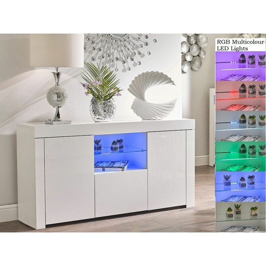 White Gloss Display Cabinet Sideboard Cupboard Glass Lowboard Unit with rgb led Light Lily - White Gloss