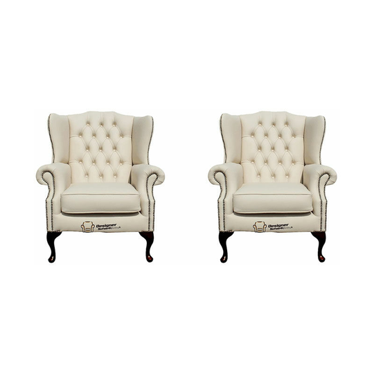 Chesterfield 2 x Mallory Wing Chair Leather Sofa Suite Offer Cottonseed Cream