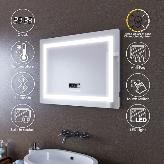 Led Illuminated Bathroom Mirror with Light 800 x 600 mm Sensor + Demister + Bluetooth Audio + Shaver Socket + Temperature Display - Elegant