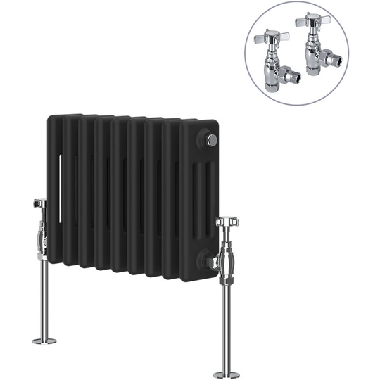Black Traditional Cast Iron Style Radiator with Chrome Angled Cross Head Manual Valves Horizontal 3 Column 300x427mm