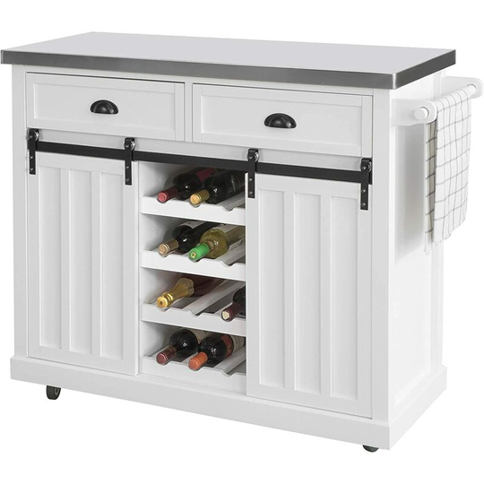 New Kitchen Storage Trolley Kitchen Cabinet Kitchen Island with Stainless Steel Top and Sliding Doors,FKW94-W - Sobuy