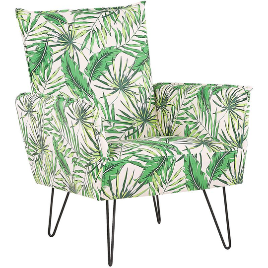 Beliani - Fabric Armchair Metal Hairpin Legs Living Room Leaf Pattern White and Green Ribe - Green