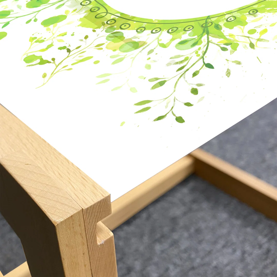 Spring Coffee Table, Hello Spring Green Leaves Corolla Watercolor Style Print On Plain Backdrop, Acrylic Glass Center Table With Wooden Frame For Offi