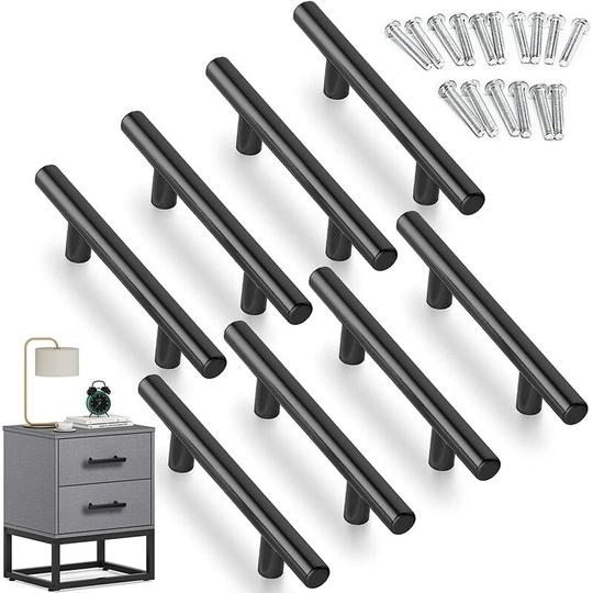 8 pcs T-Bar Stick Kitchen Door Handles Pulls With Screws(150MM), Stainless Steel Kitchen Cabinet Handle 96mm Hole Spacing Black