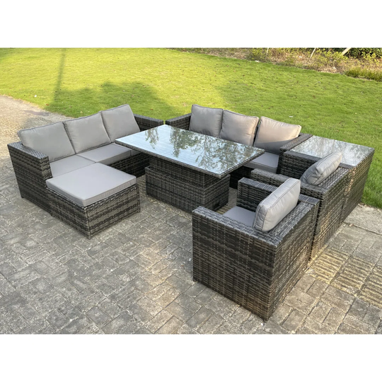 Outdoor Rattan Garden Furniture Sets Lounge Sofa Chair Adjustable Rising Table Dark Grey