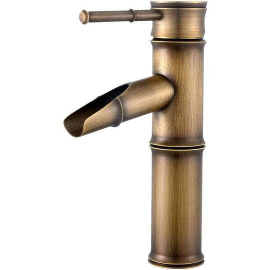 Waterfall Bathroom Faucet Mixer Tap, Brass Waterfall Bathroom Sink Faucet, Antique Brass Single Handle Bamboo Faucet Mixer Tap, 2 Joints Break Mouth