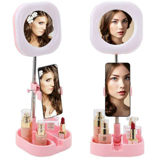 Dimmable led Video Live Ring Light Makeup Mirror with Makeup Mirror, Pink - Livingandhome