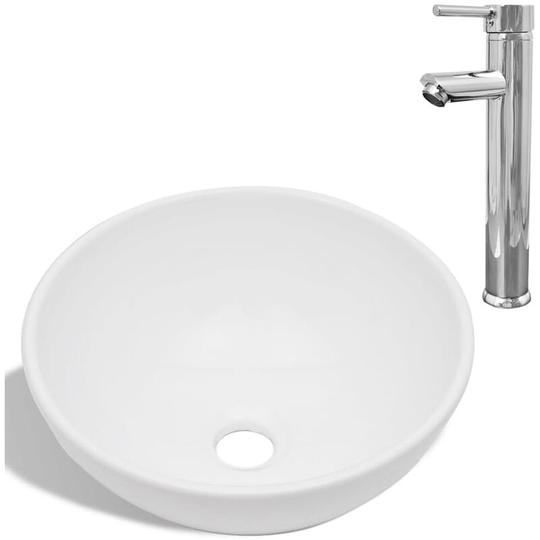 Bathroom Basin with Mixer Tap Ceramic Round White Vidaxl White