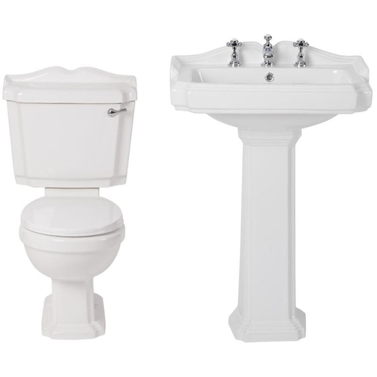 Windsor - White Ceramic Traditional Close Coupled Toilet wc and Bathroom Basin Sink with Full Pedestal and Three Tap Holes - Milano
