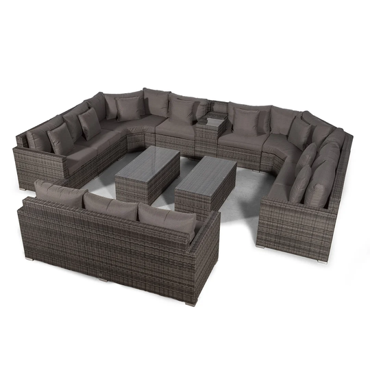 Villasenor Grey Rattan U Shape 8 Seat Sofa With 2 X Rectangular Coffee Table & 3 Seat Sofa + Drinks Cooler, Outdoor Patio Garden Furniture