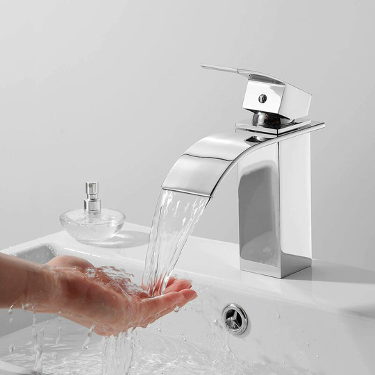 RHAFAYRE Waterfall bathroom faucet, stainless steel basin mixer, bathroom faucet rectangular flat spout, hot and cold water available, modern chrome