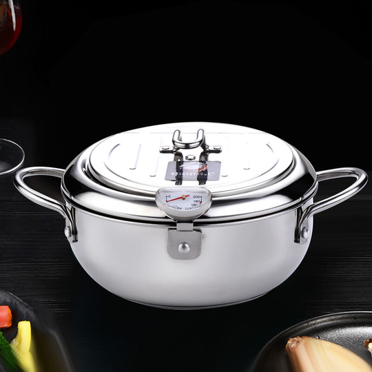 Superseller - Deep Fryer Pot Stainless Steel Japanese Style Fryer with a Thermometer and Oil Drip Drainer Rack, Silver - Silver