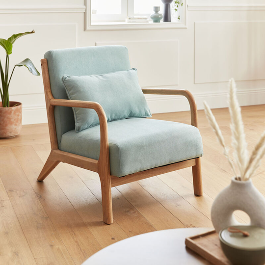 Water green wooden armchair with scandi-style compass legs and cushion - Water green