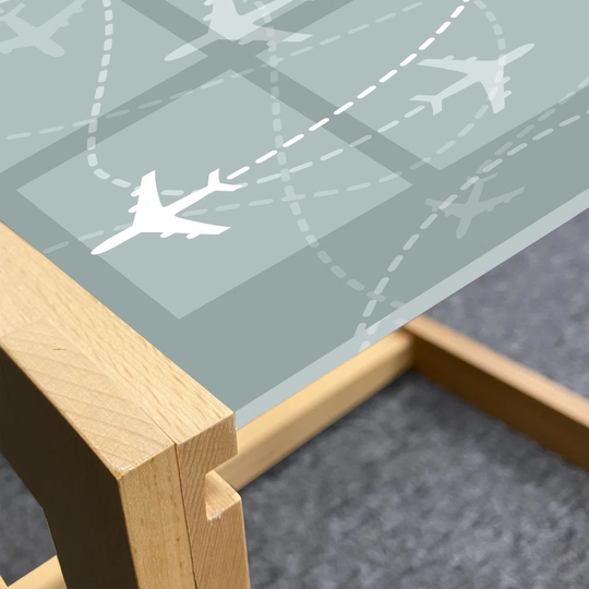 Airport Coffee Table, Repetitive Pattern Of Simple Airplane Traces Scheme In Monochromatic Design, Acrylic Glass Center Table With Wooden Frame For Of