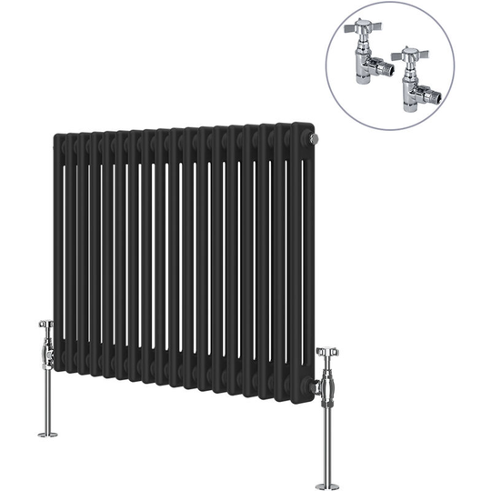 Traditional Rad Cast Iron Style Radiator Black + Chrome Angled Traditional Radiator Manual Valves 600x830mm Horizontal Double Column