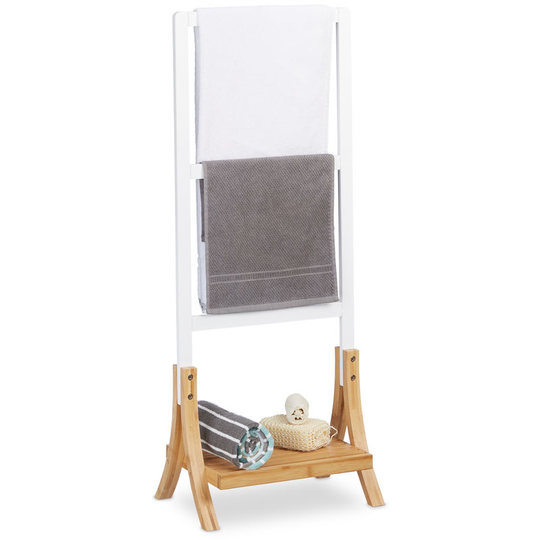 Free-Standing Bamboo Towel Holder, h x w x d 104 x 41 x 28.5 cm, 3 Rails and 1 Shelf, Clothes Stand, Natural Brown, White - Relaxdays