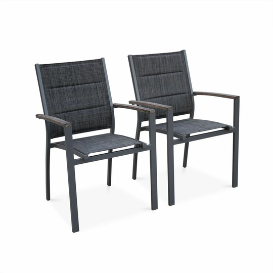 Set of 2 Chicago Armchairs - Aluminium and dark heather grey textilene, stacking chairs - Wood effect, mixed grey