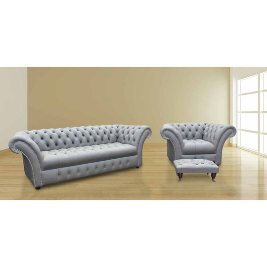 Chesterfield Highgrove 3 Seater + Armchair + Footstool Sofa Settee Buttoned Seat Silver Grey Leather