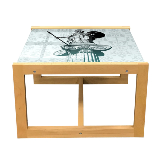 Retro Coffee Table, Athena On Baroque Background Greek Woman On Classic Damask Pattern, Acrylic Glass Center Table With Wooden Frame For Offices Dorms