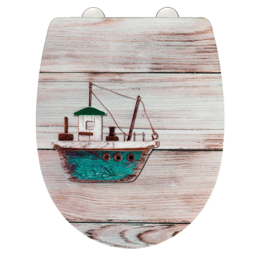 Toilet seat Ahoy with relief surface, toilet seat with soft-closing mechanism, quick-fastening, made of break-resistant thermoplastic material