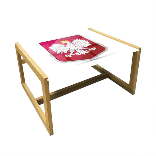 Polish Coffee Table, Royal Illustration Of Coat Of Arms Of Poland Emblem Crowned Eagle Print, Acrylic Glass Center Table With Wooden Frame For Offices