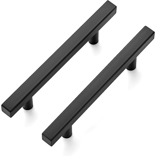 10 Pack 6 Inch Square Matte Black Stainless Steel Cabinet Pulls. 6 inch long kitchen drawer pulls, 3.5 inch center hole.