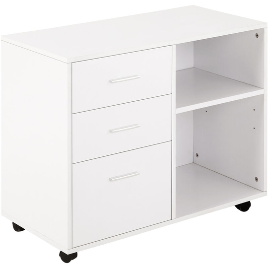 Freestanding Storage Cabinet w/ 3 Drawers 2 Shelves 4 Wheels Office White - White - Homcom