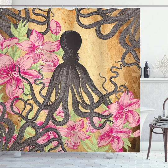 Kraken Roses Leaves Tentacles Sea Life Polyester Shower Curtain Set