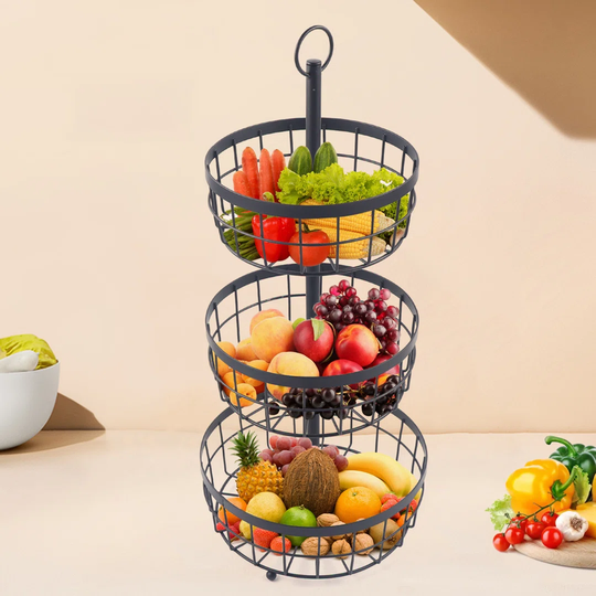 Three Tiers Fruit Basket Stand Fruit Bowl Drain Basket Black