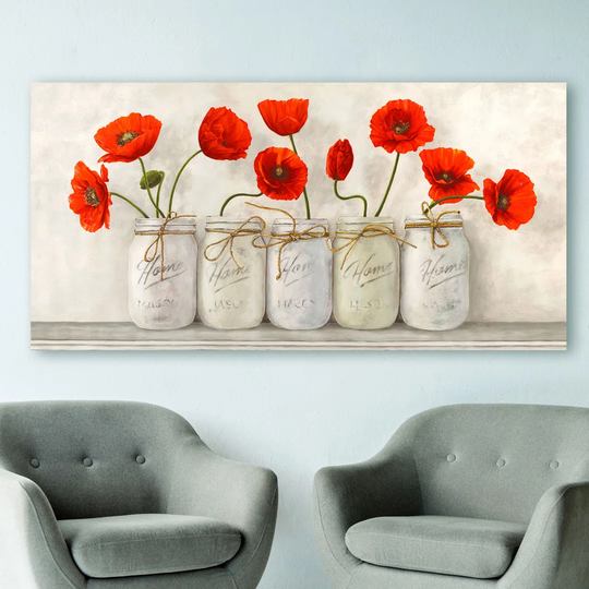 Red Poppies In Mason Jars by Jenny Thomlinson - Wrapped Canvas Painting