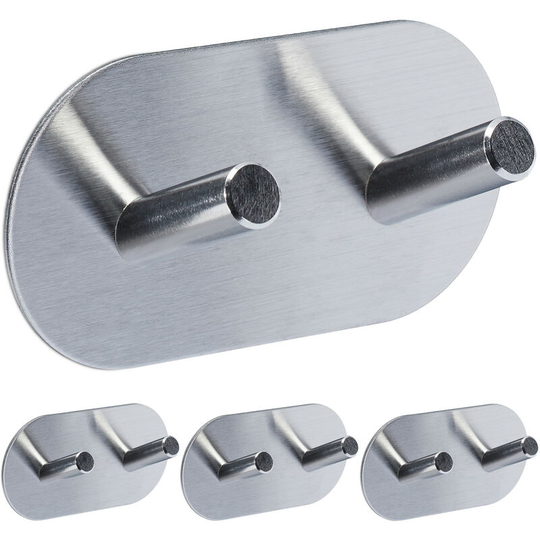Relaxdays - Towel Hooks, Set of 4, Self-Adhesive, Matt Stainless Steel, Kitchen & Bathroom, HxWxD: 5 x 10 x 3 cm, Silver