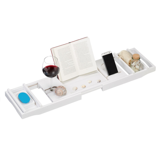 Bamboo Bathtub Caddy, 75-109 cm, Extendible, Wine Glass Holder, Book Stand, Soap Dish, Bath Tray, White - Relaxdays