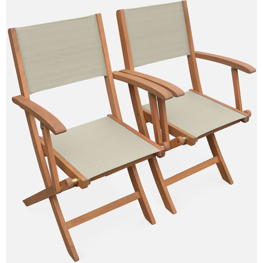Wood and textilene garden armchairs - Grey taupe Almeria - 2 oiled fsc Eucalyptus and textilene folding armchairs - Taupe grey
