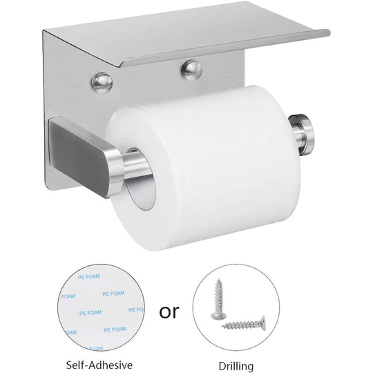 Self Adhesive Toilet Paper Holder with Phone Shelf Wall Mounted Stainless Steel Toilet Roll Holder (Brushed Silver) - Rust Proof and Toilet Roll