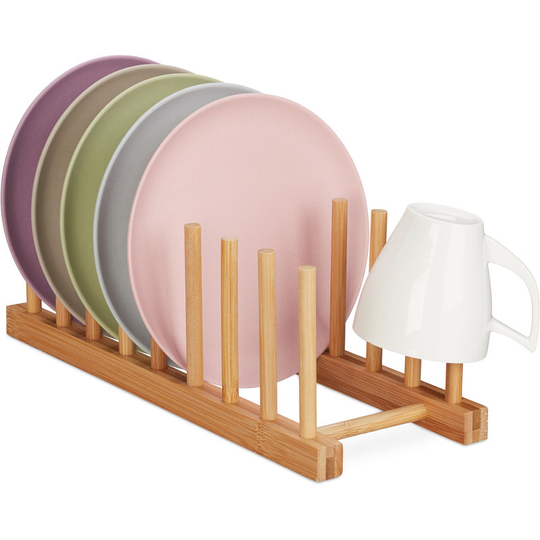 Relaxdays - Bamboo Drying Rack, Oblong & Modern, Dish Drainer for Plates, Lids and Cutting Boards, 8 Slots, Natural