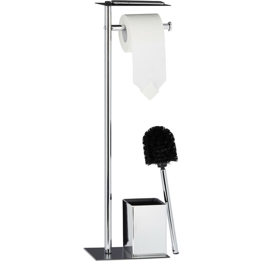 Relaxdays - Toilet Butler with Paper Holder, Toilet Brush with Container, h x w x d 66 x 20 x 13 cm, Black-Silver