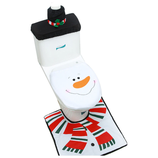 3-Piece Snowman Santa Toilet Seat Cover and Rug Set Red Christmas Decorations Bathroom