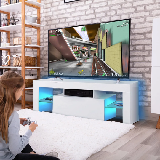 LED TV Stand - High Gloss Front TV Cabinet - 130Cm TV Entertainment Unit Bench Cabinet Cupboard For Living Room (White)