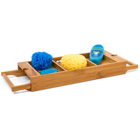 Bamboo Bathroom Bath Caddy, Extendible, 7 x 67.5 x 21 cm, Bath Tray, Shelf With 2 Holders, Natural Brown - Relaxdays