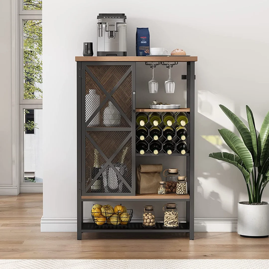 Liquor Cabinet, Multifunctional Coffee Bar Cabinet With Wine Rack And Metal Door, Home Bar Wine Cabinet For Liquor, Freestanding Wine Rack Buffet And